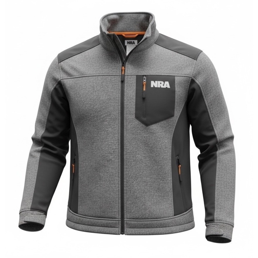 NRA Mens MEDIUM Jacket Soft Shell Full Zip Gray Black National Rifle Assoc EUC
